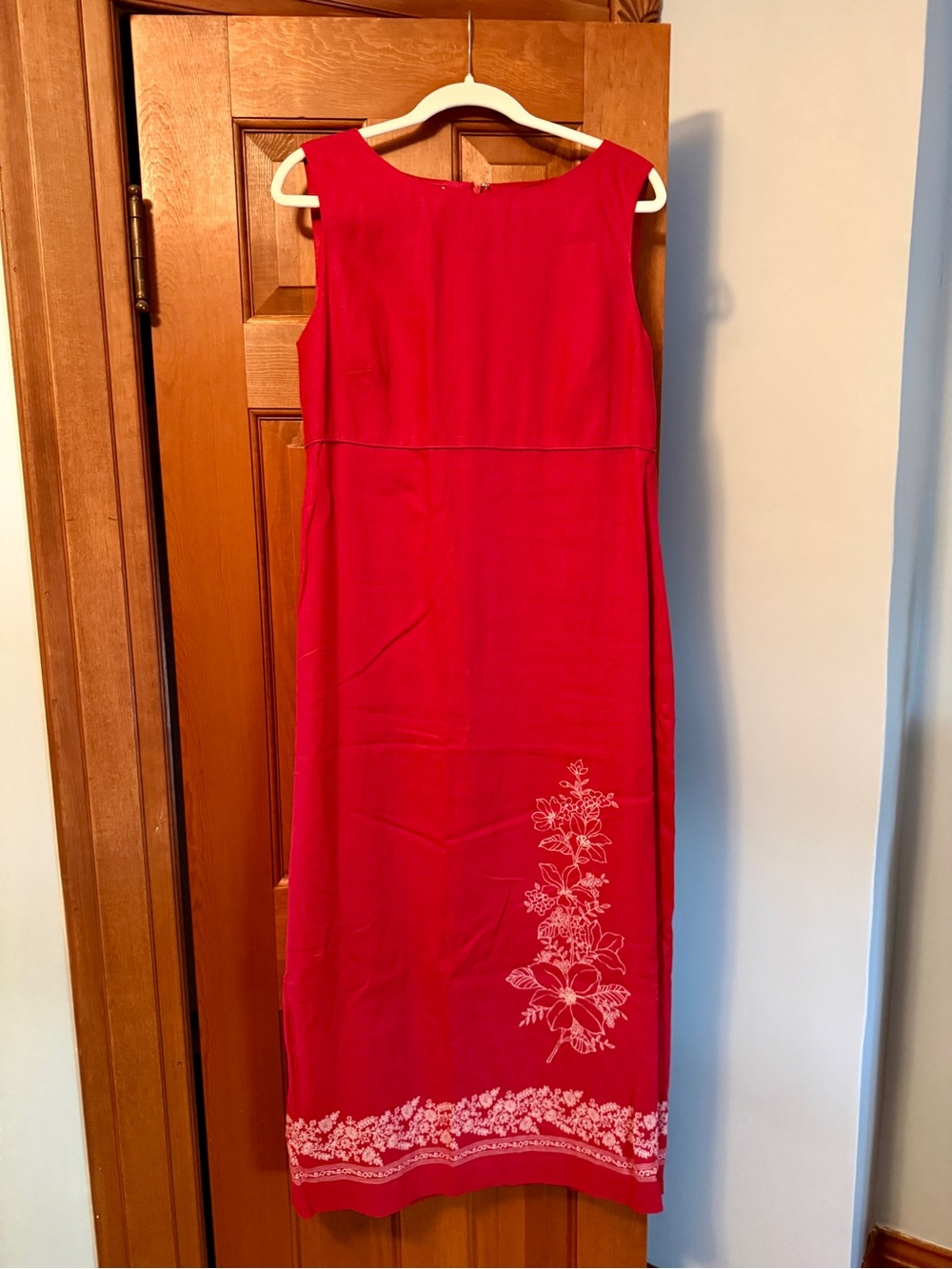 Talbots Red Sleeveless Midi Dress with White Floral Embroidery